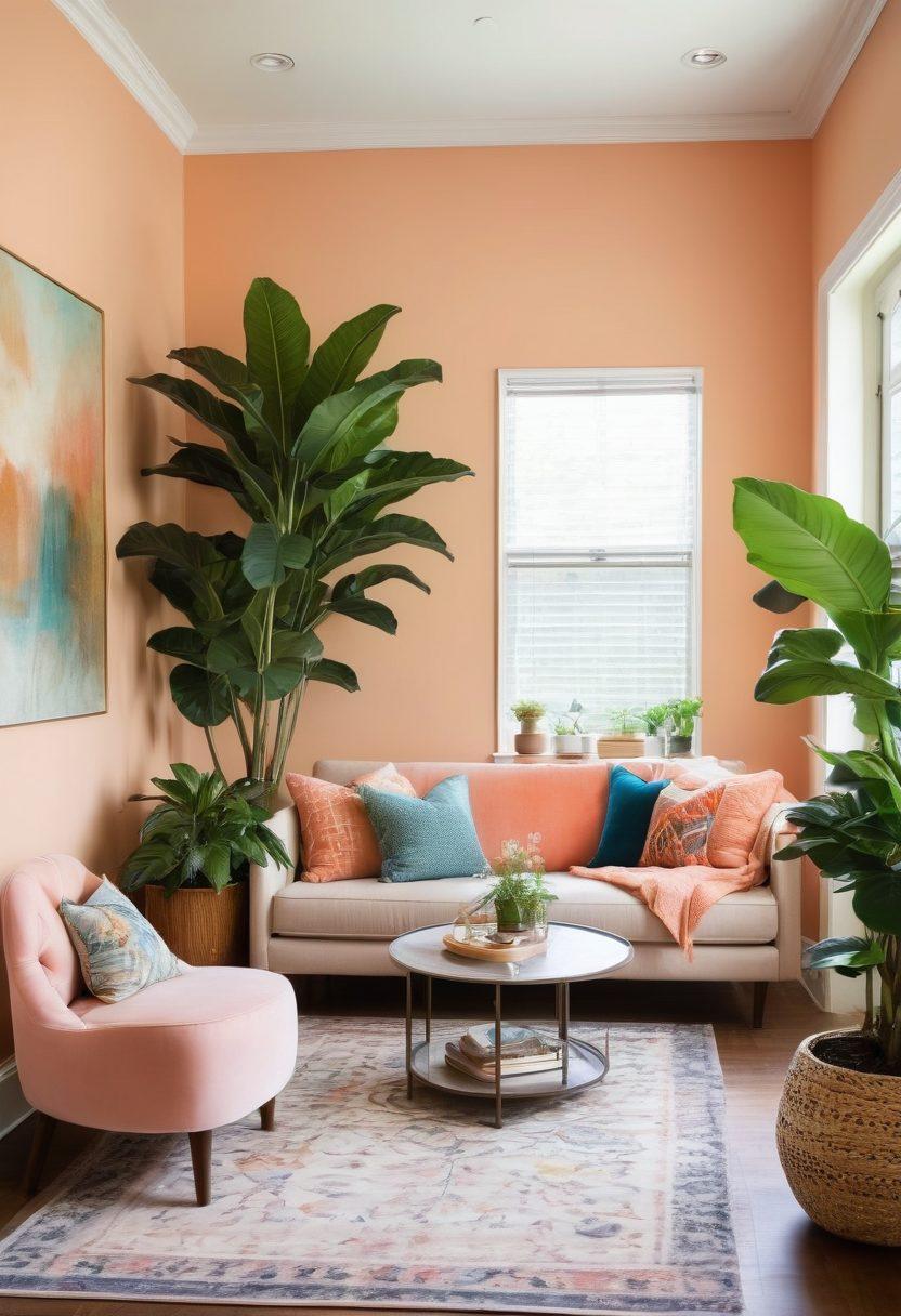 A beautifully staged living room featuring modern decor elements, bright colors, and stylish furniture. Include tips on wall colors and accent pieces, along with hints of greenery from indoor plants. The room should exude warmth and comfort, inviting viewers to envision their own space. artistic photography. vibrant colors. soft lighting.
