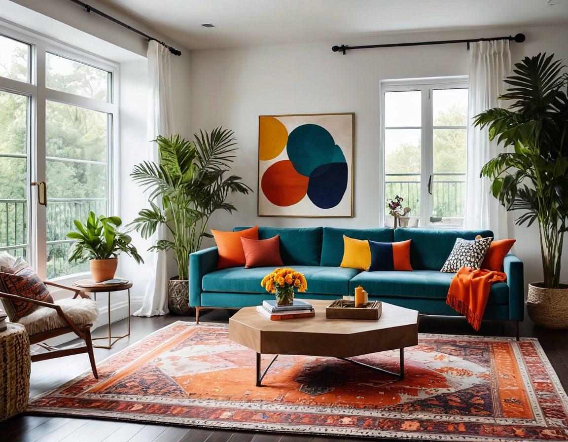 A modern and stylish living room showcasing innovative home decor designs, featuring bold furniture pieces, unique wall art, and vibrant plants. Incorporate a cozy reading nook by a large window with soft lighting, and details such as geometric patterns and eclectic textures. The overall space should feel inviting and inspiring. super-realistic. vibrant colors. 3D.