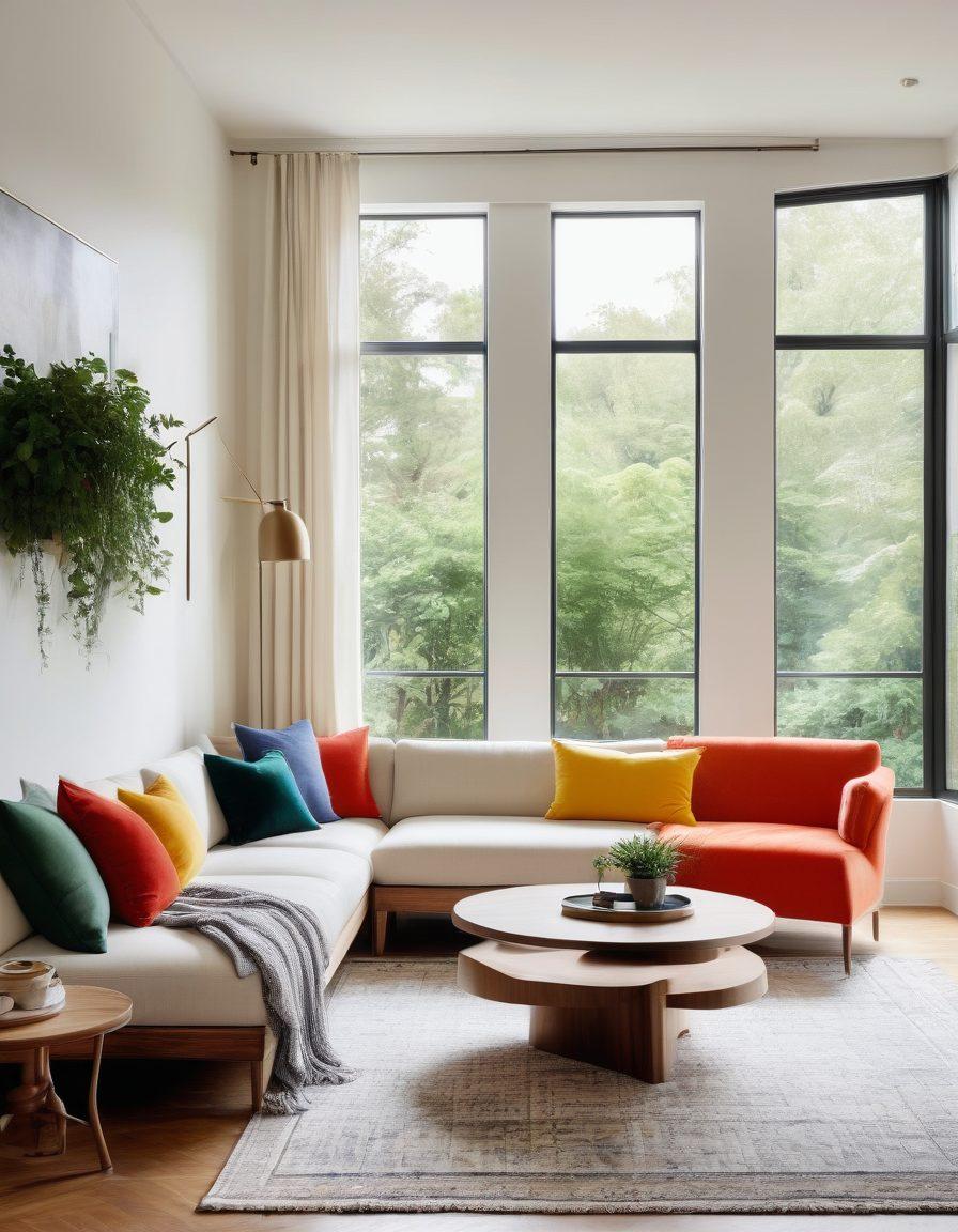 A beautifully staged interior featuring a mix of current furniture trends, including modular sofas, sustainable wood tables, and vibrant accent chairs. The room should be filled with natural light, showcasing greenery and artistic decor elements, creating a harmonious and inviting atmosphere. Include cozy textiles and a stylish coffee table as focal points. super-realistic. vibrant colors. soft natural lighting.